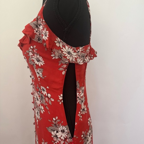 Lulus Bloom On Rust Floral Print Long Maxi Dress w/Side Slit, Red, Size XS - Picture 9 of 16